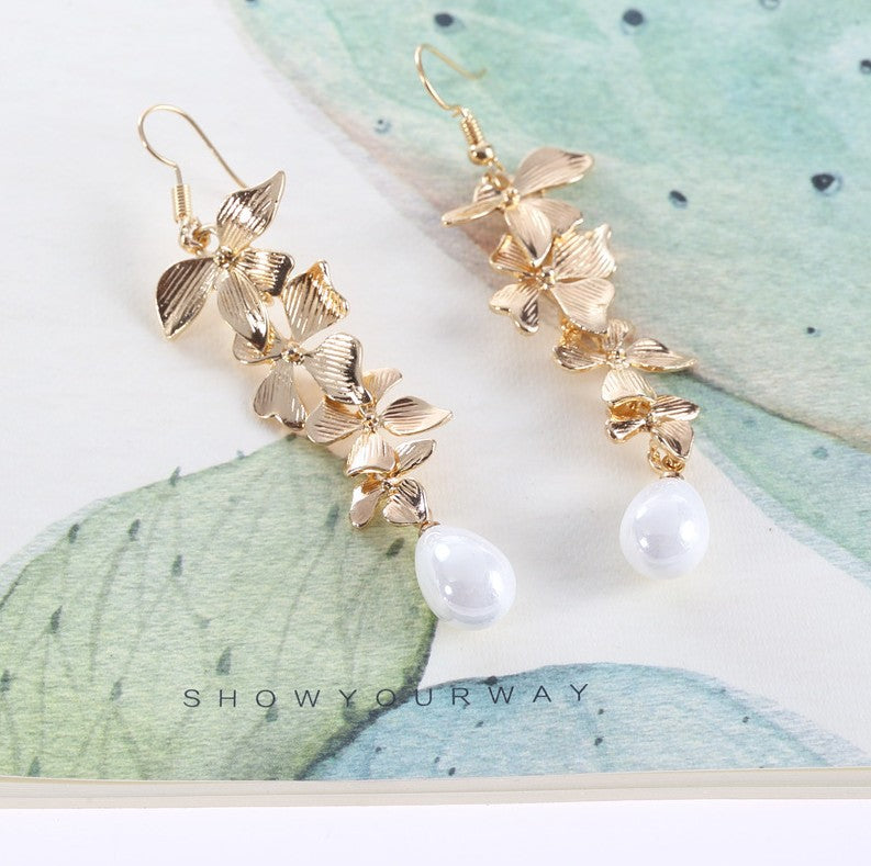 Wholesale Pearl Long Tassel Gold Orchid Matte Earrings