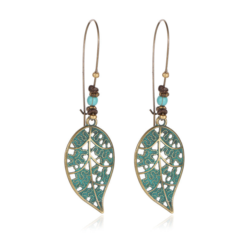 Wholesale Alloy Vintage Green Bohemian Hollow Flower Leaf Earrings For Women Party Gift