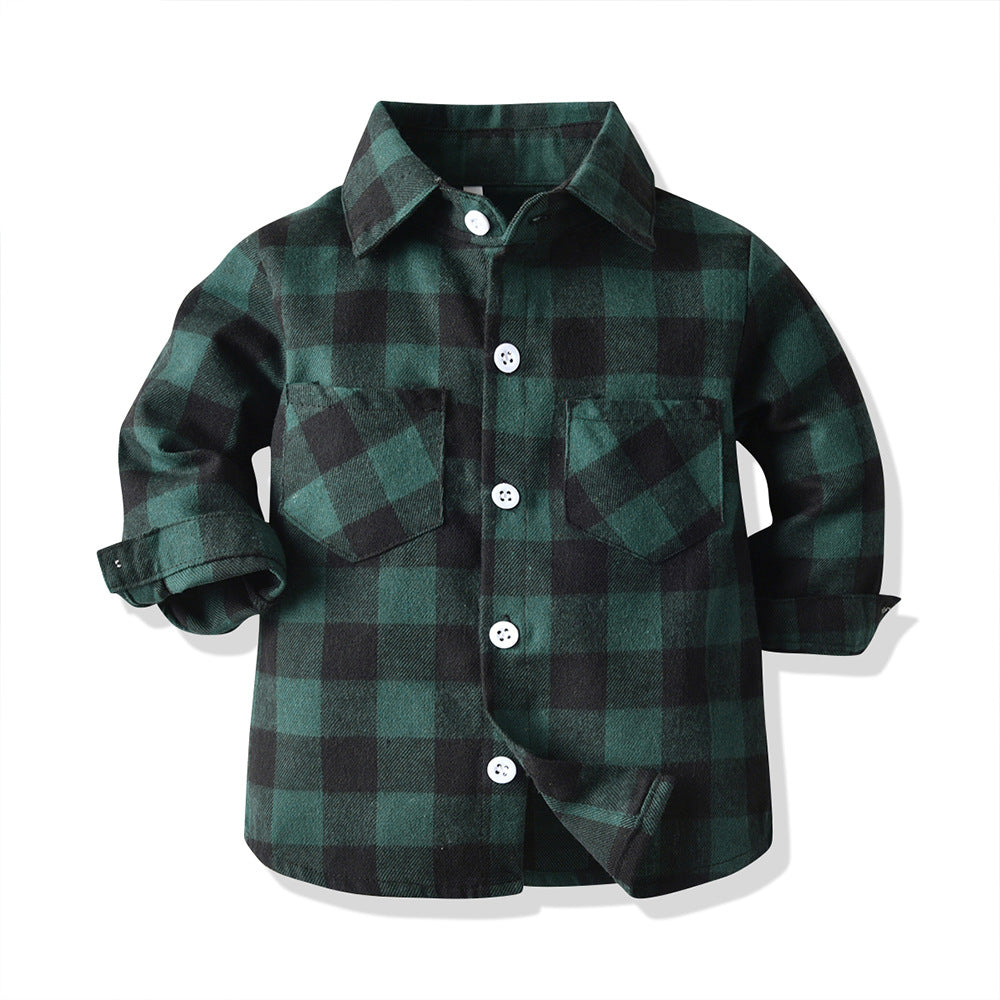 Wholesale Boys' Cotton Double Pocket Long Sleeved Cardigan Plaid Lapel Kids Shirt