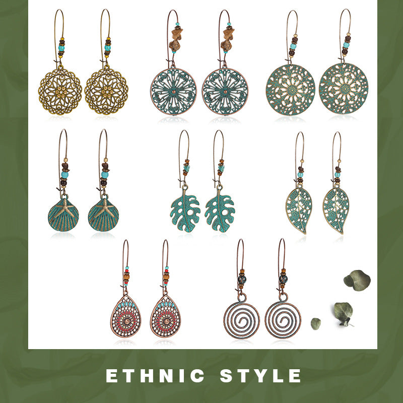 Wholesale Alloy Vintage Green Bohemian Hollow Flower Leaf Earrings For Women Party Gift