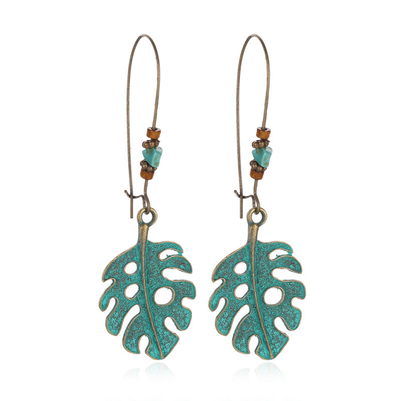 Wholesale Alloy Vintage Green Bohemian Hollow Flower Leaf Earrings For Women Party Gift