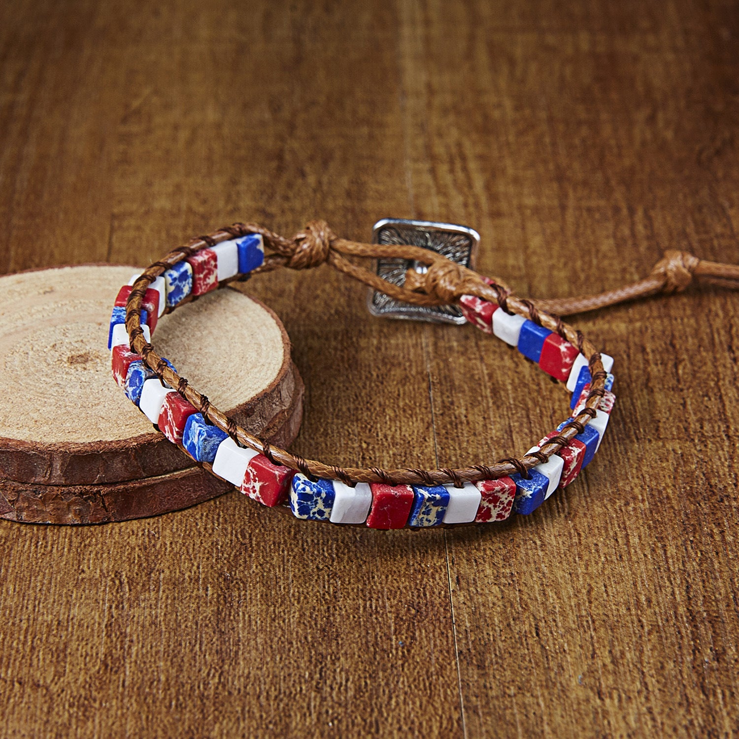 Wholesale Red White and Blue Imperial Stone Hand Woven Adjustable Bracelet