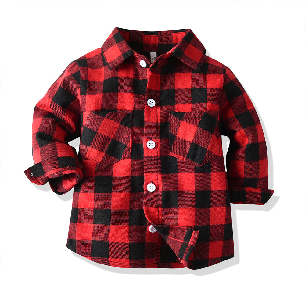 Wholesale Boys' Cotton Double Pocket Long Sleeved Cardigan Plaid Lapel Kids Shirt