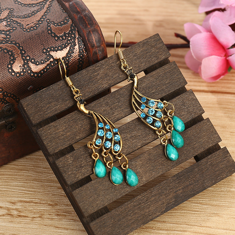 Wholesale Personalized Yunnan Green Peacock Water Drop Diamond Tassel Earrings