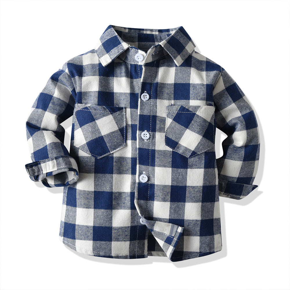 Wholesale Boys' Cotton Double Pocket Long Sleeved Cardigan Plaid Lapel Kids Shirt