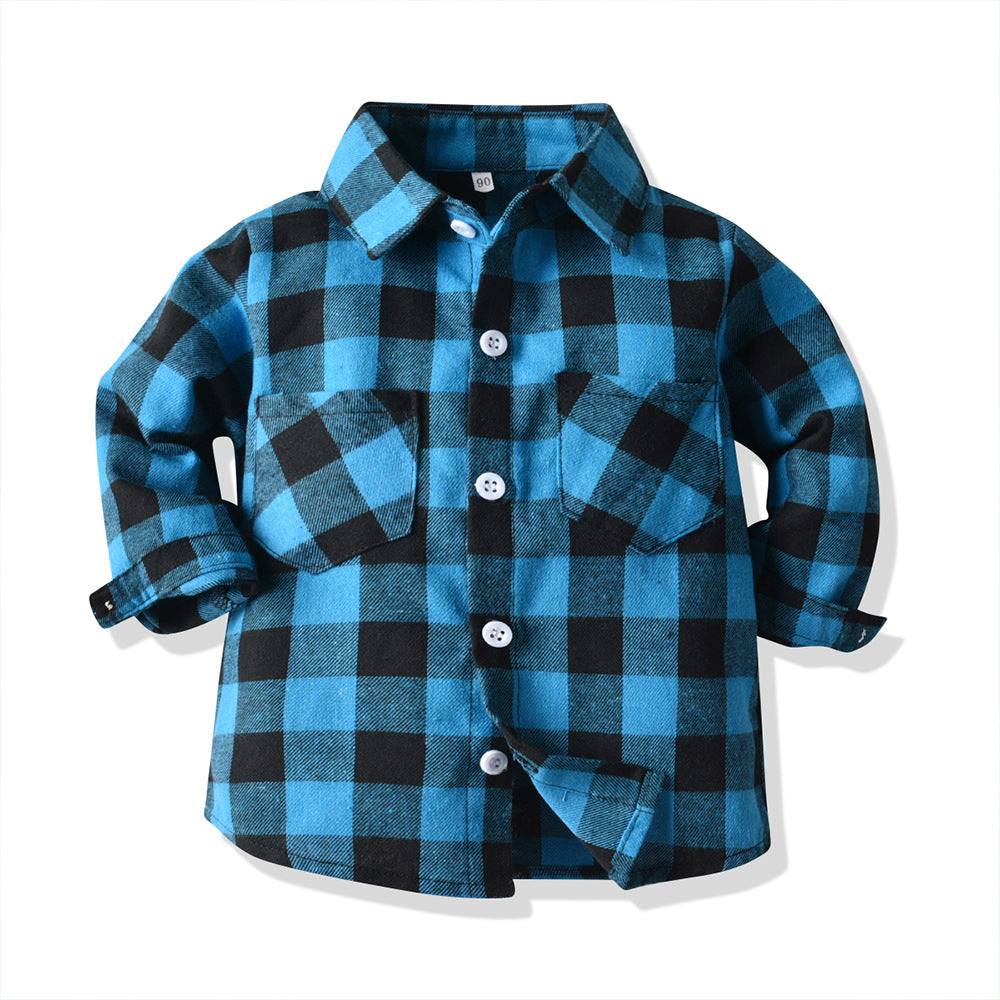 Wholesale Boys' Cotton Double Pocket Long Sleeved Cardigan Plaid Lapel Kids Shirt