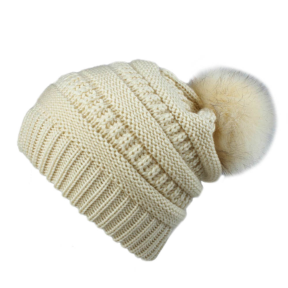 Wholesale Faux Fur Fox Pom Pom Knitted Hat