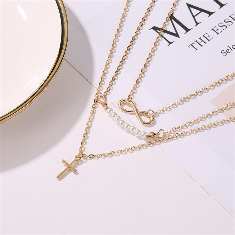 Wholesale Cross 8 Character Pearl Multi-layer Necklace Clavicle Chain