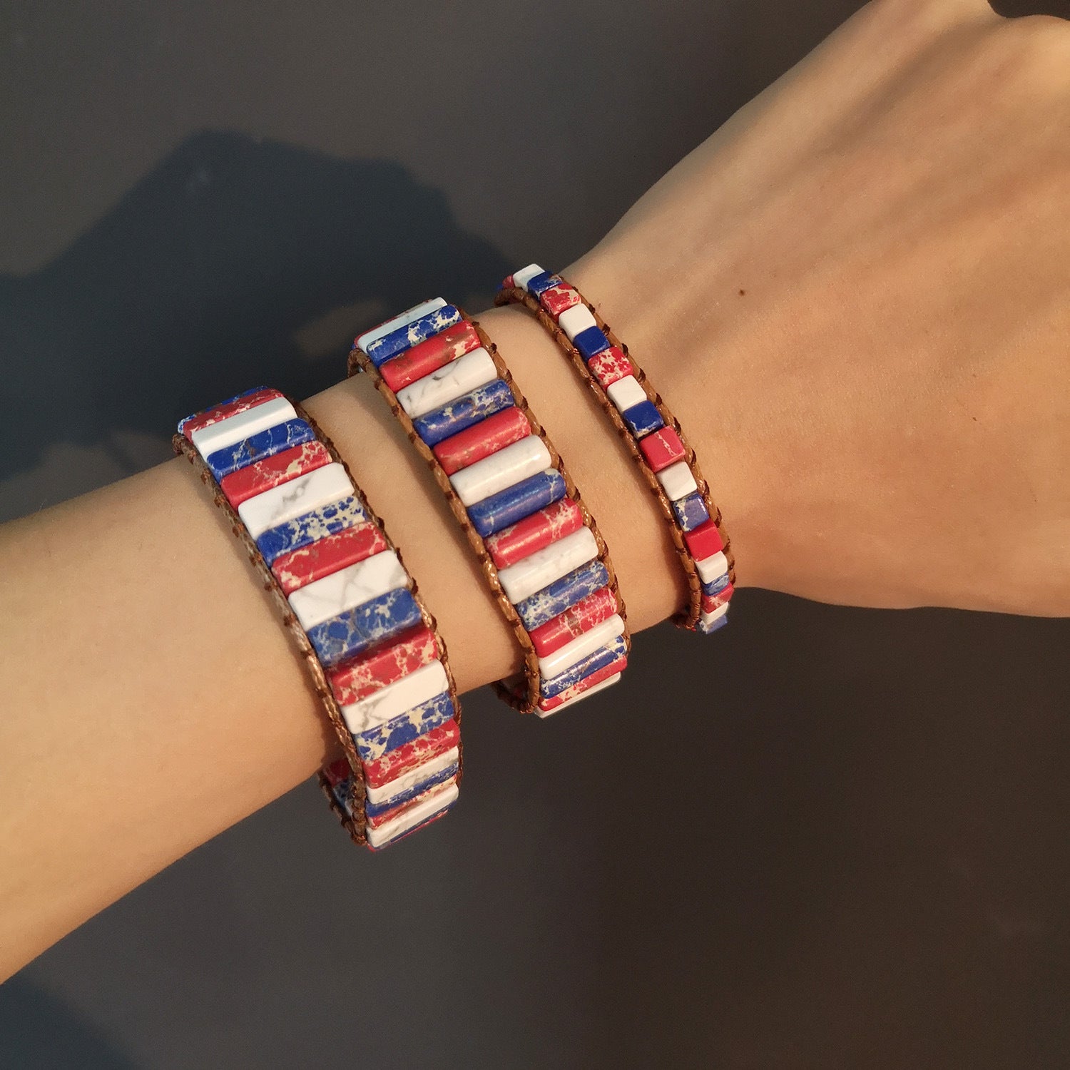 Wholesale Red White and Blue Imperial Stone Hand Woven Adjustable Bracelet