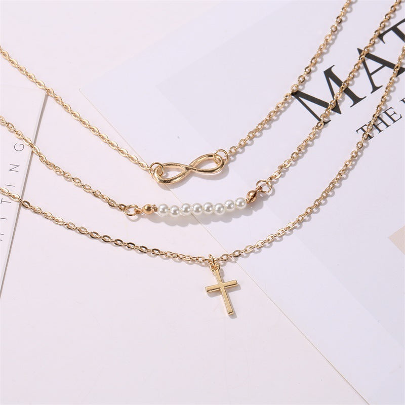 Wholesale Cross 8 Character Pearl Multi-layer Necklace Clavicle Chain
