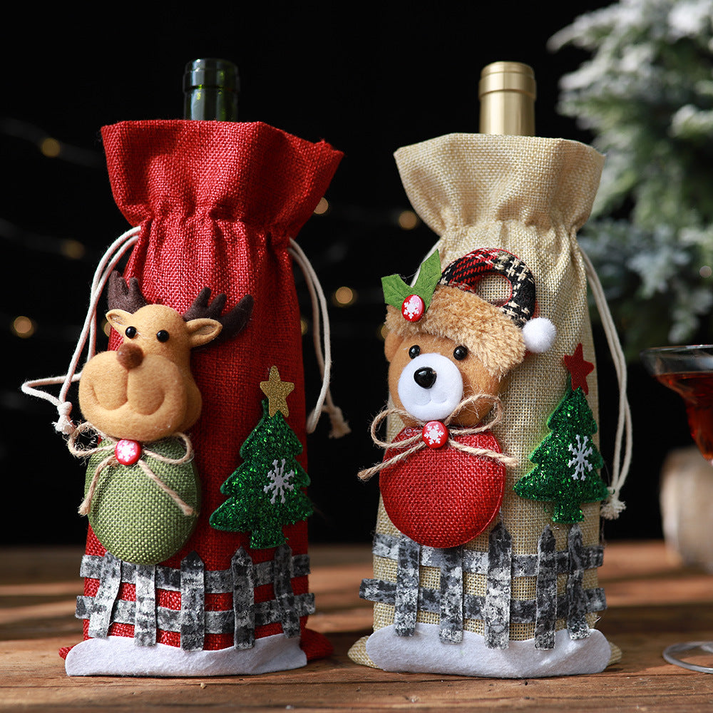 Wholesale Christmas Linen Snow Cartoon Drawstring Wine Bottle Sets