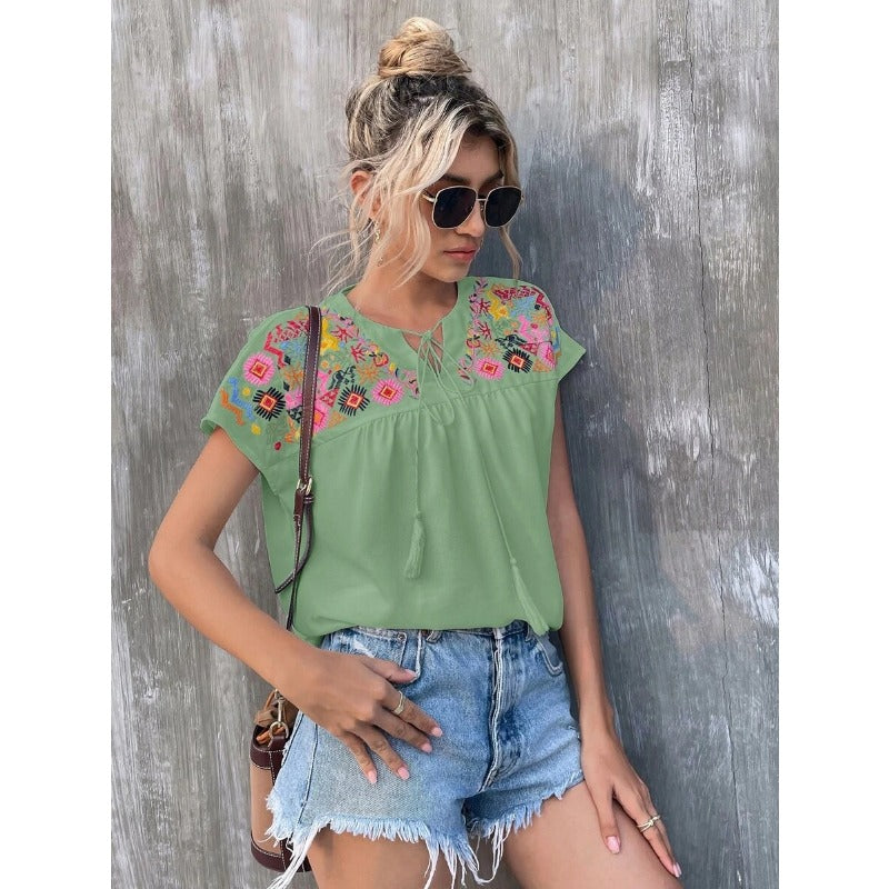 Wholesale Embroidered Fringe Collared Batwing Sleeve Shirt