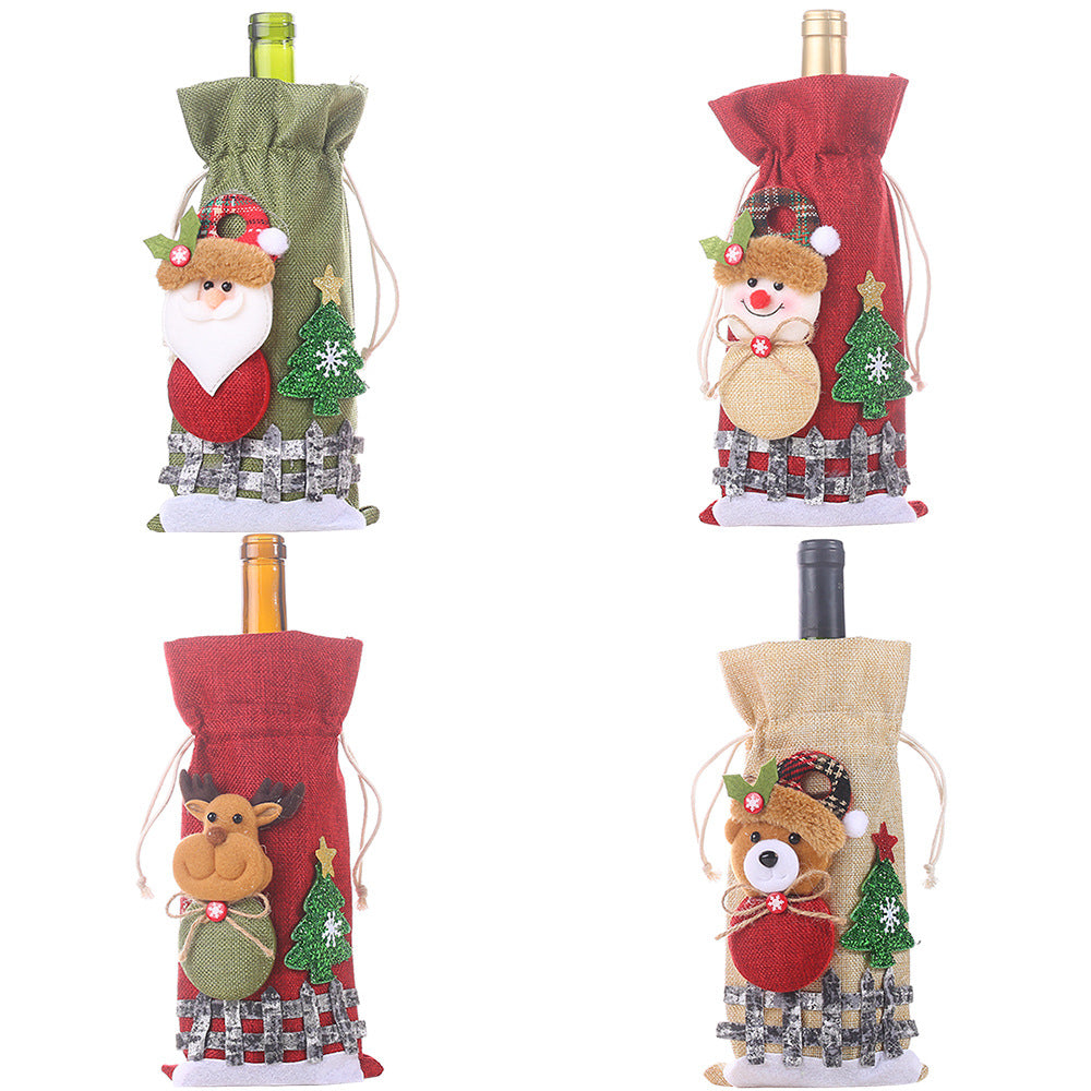 Wholesale Christmas Linen Snow Cartoon Drawstring Wine Bottle Sets