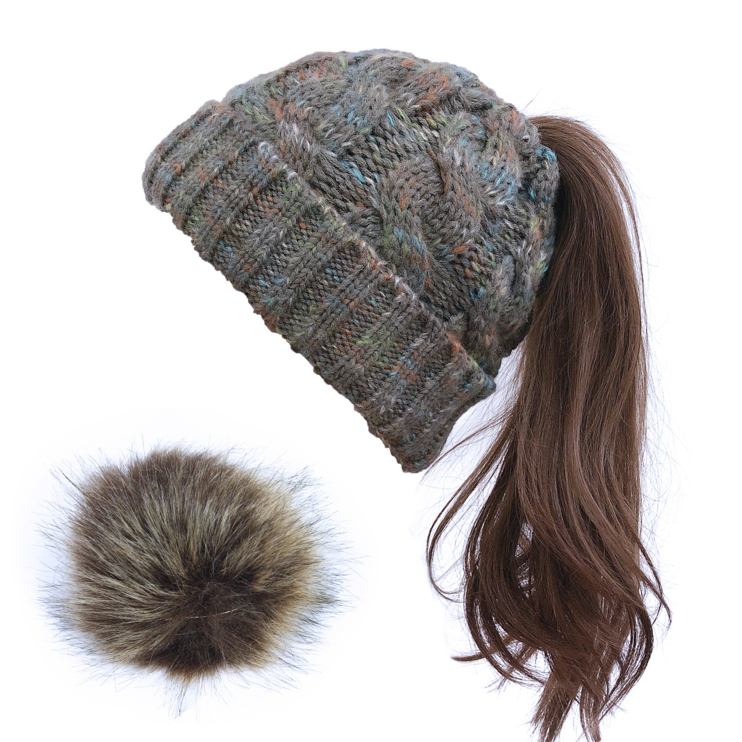 Wholesale Colorful Reverse Edge Twist Knitted Hat Ponytail Wool Hat Dual-purpose