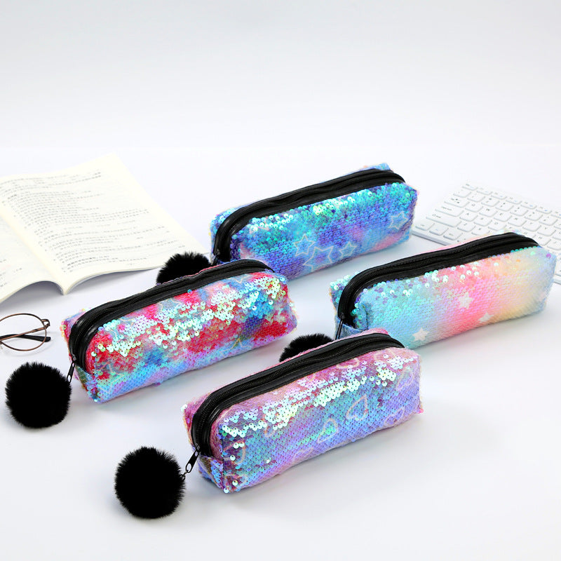 Wholesale Fur Ball Sequin Pencil Case Cosmetic Bag