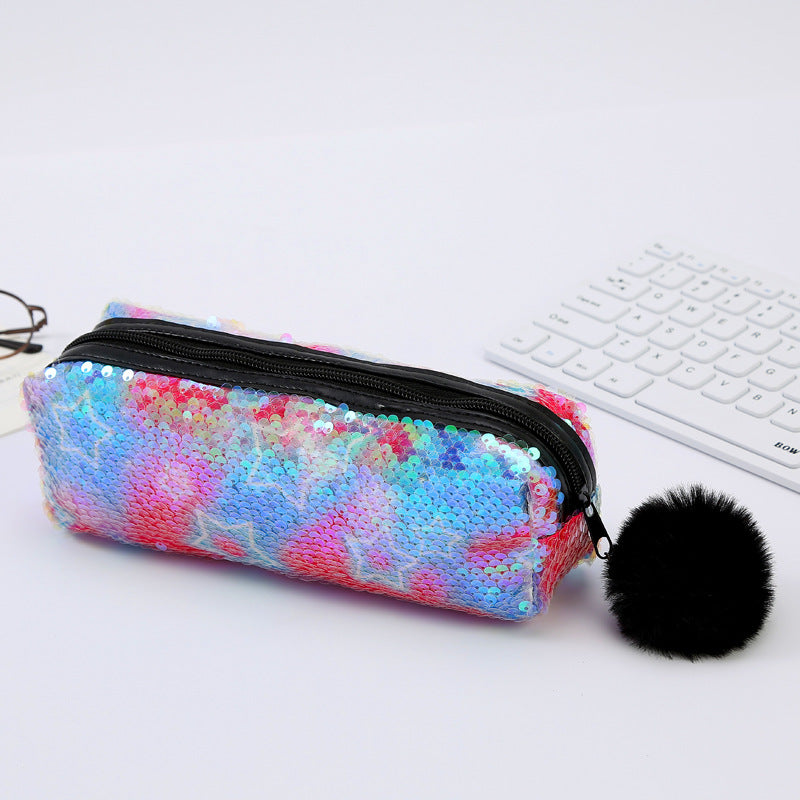 Wholesale Fur Ball Sequin Pencil Case Cosmetic Bag