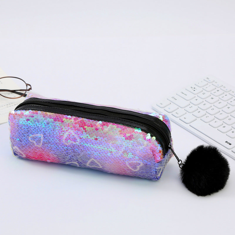 Wholesale Fur Ball Sequin Pencil Case Cosmetic Bag