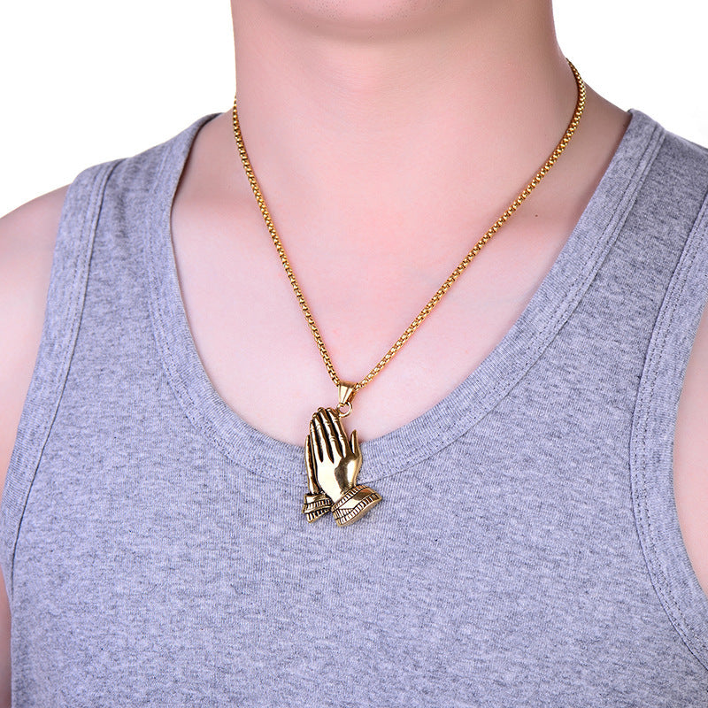 Wholesale Prayer Pendant Gold Silver Buddha Hands Hang Tag Stainless Steel Necklaces