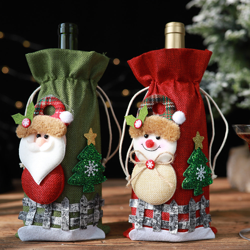 Wholesale Christmas Linen Snow Cartoon Drawstring Wine Bottle Sets