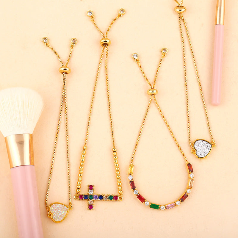 Wholesale Color Zircon Peach Heart Cross Pearl Bracelet