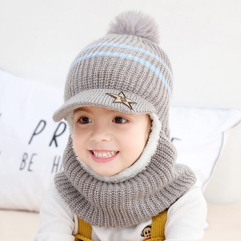 Wholesale Autumn and Winter 5-12 Years Old Middle-aged and Older Children Plus Velvet Scarf Fur Ball Woolen Hat