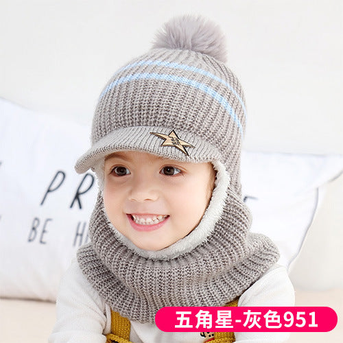 Wholesale Autumn and Winter 5-12 Years Old Middle-aged and Older Children Plus Velvet Scarf Fur Ball Woolen Hat