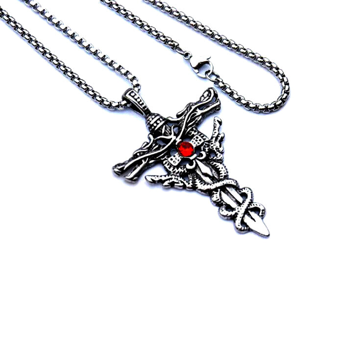 Wholesale Double Dragon Sword Titanium Steel Retro Punk Cross Necklace