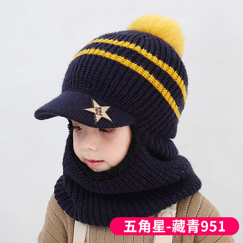 Wholesale Autumn and Winter 5-12 Years Old Middle-aged and Older Children Plus Velvet Scarf Fur Ball Woolen Hat