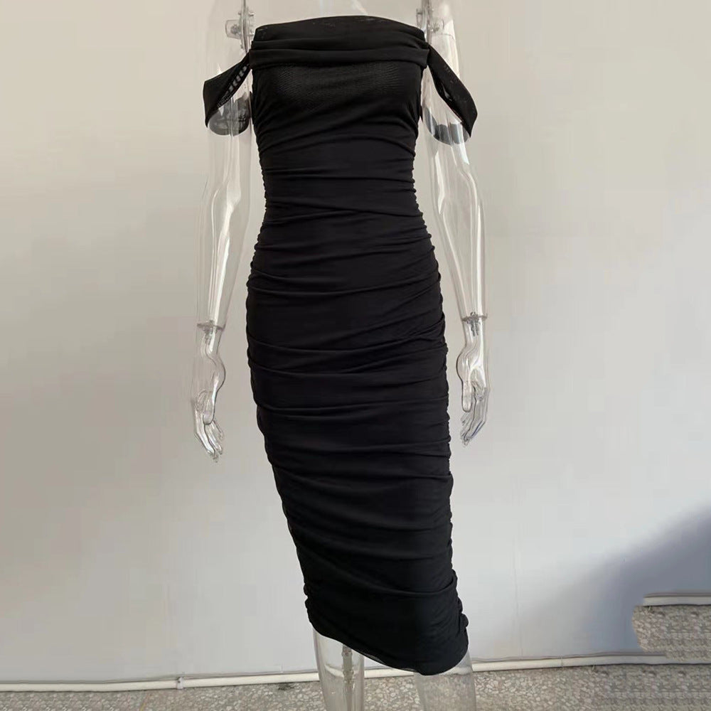 Wholesale Mesh Pleated One-shoulder Dress