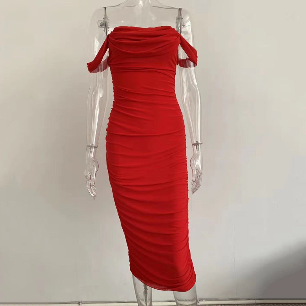 Wholesale Mesh Pleated One-shoulder Dress