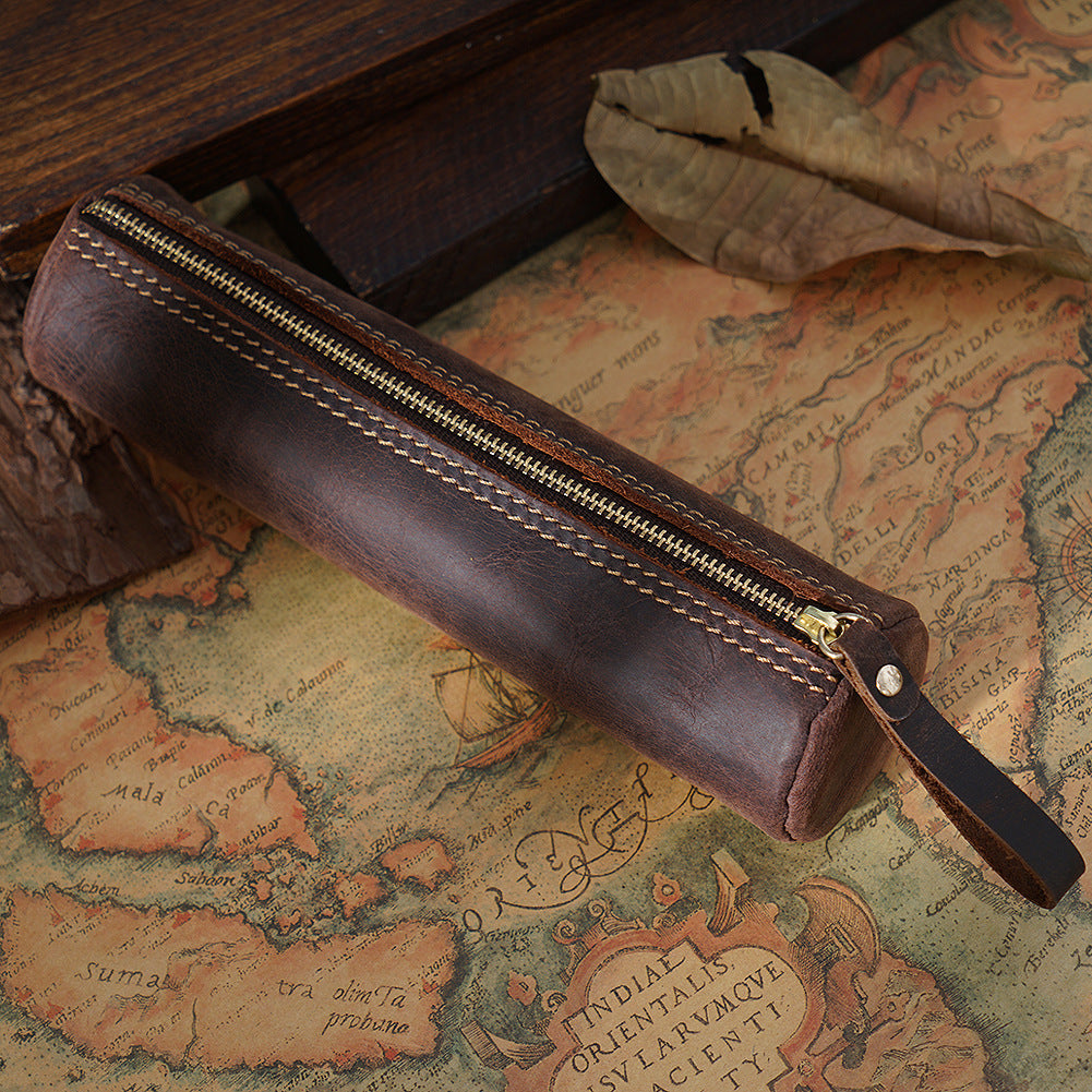 Wholesale Vintage first layer crazy horse leather storage pencil case