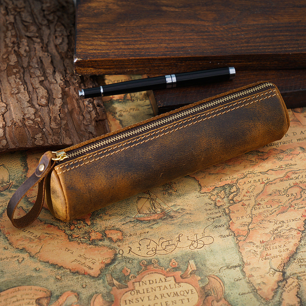 Wholesale Vintage first layer crazy horse leather storage pencil case