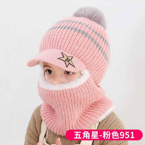 Wholesale Autumn and Winter 5-12 Years Old Middle-aged and Older Children Plus Velvet Scarf Fur Ball Woolen Hat