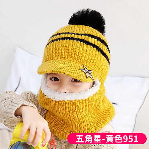 Wholesale Autumn and Winter 5-12 Years Old Middle-aged and Older Children Plus Velvet Scarf Fur Ball Woolen Hat