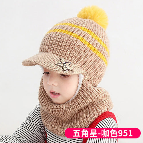 Wholesale Autumn and Winter 5-12 Years Old Middle-aged and Older Children Plus Velvet Scarf Fur Ball Woolen Hat