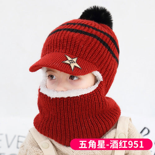 Wholesale Autumn and Winter 5-12 Years Old Middle-aged and Older Children Plus Velvet Scarf Fur Ball Woolen Hat