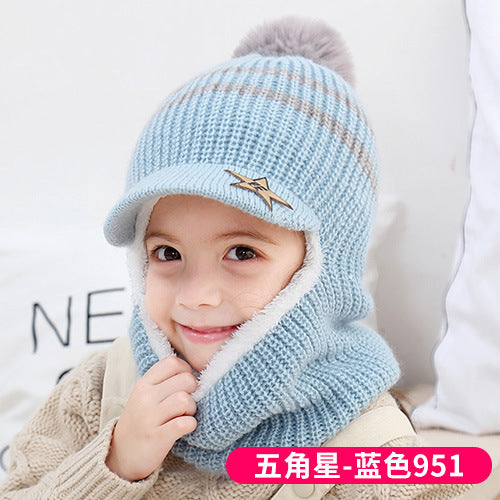 Wholesale Autumn and Winter 5-12 Years Old Middle-aged and Older Children Plus Velvet Scarf Fur Ball Woolen Hat