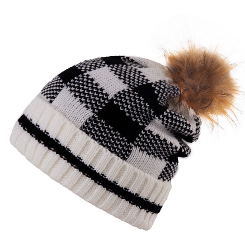 Wholesale Winter Warm Knitted Hats with Thickened Christmas Wool Balls, Black and White Plaid Acrylic Wool Hats
