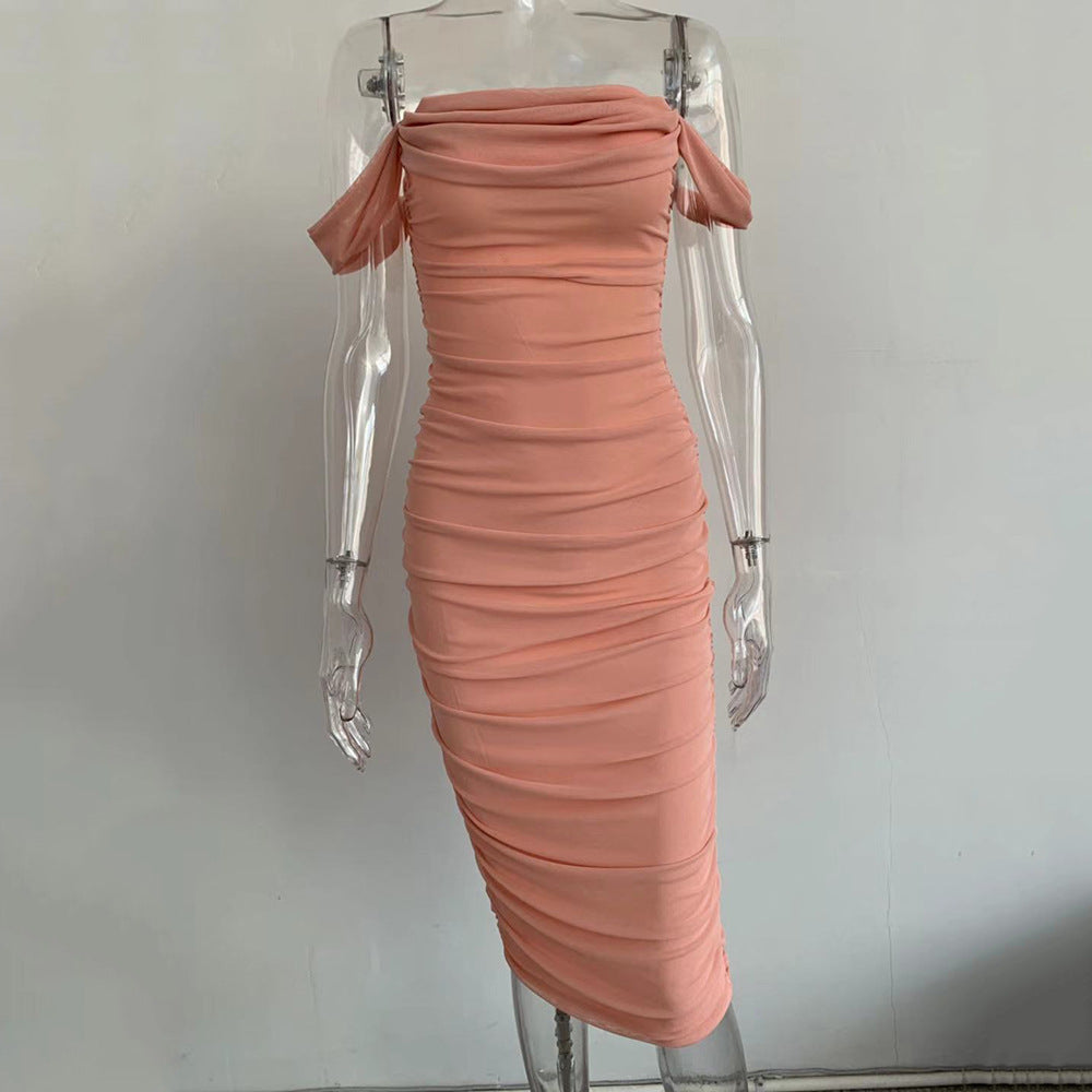 Wholesale Mesh Pleated One-shoulder Dress