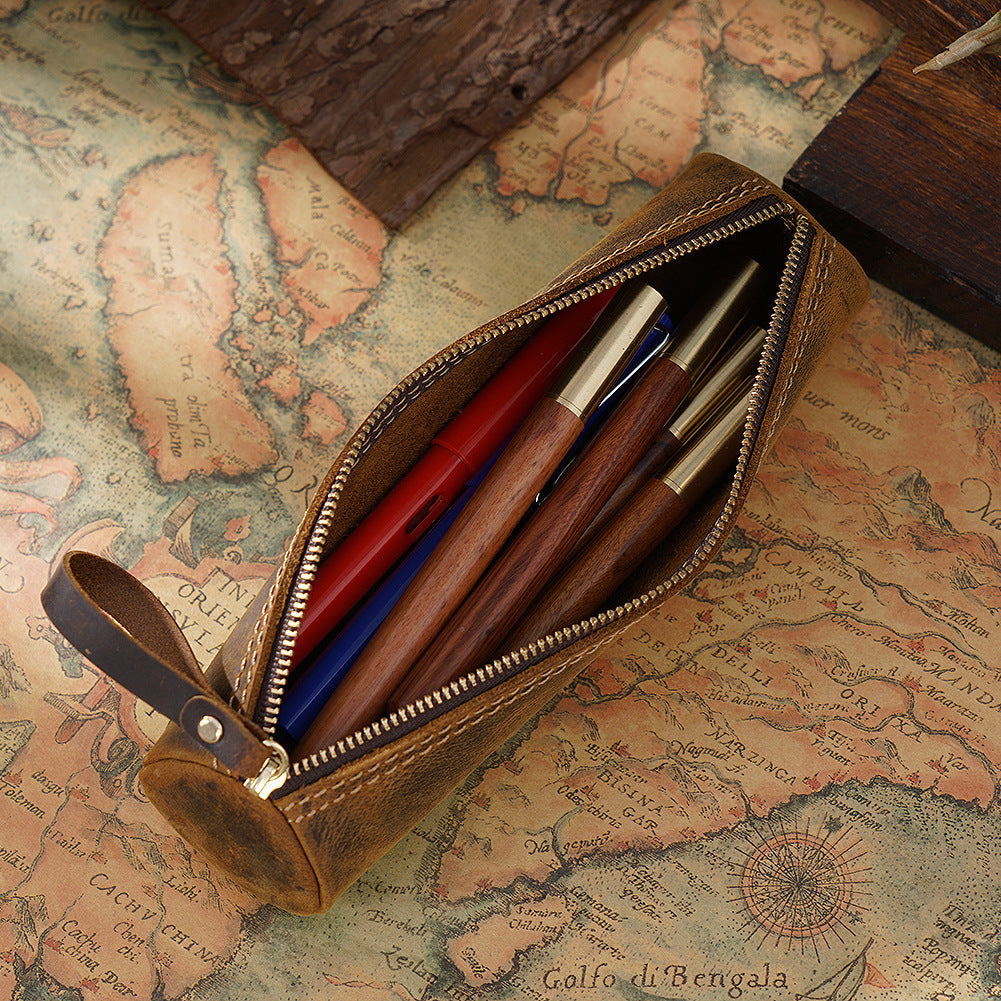 Wholesale Vintage first layer crazy horse leather storage pencil case