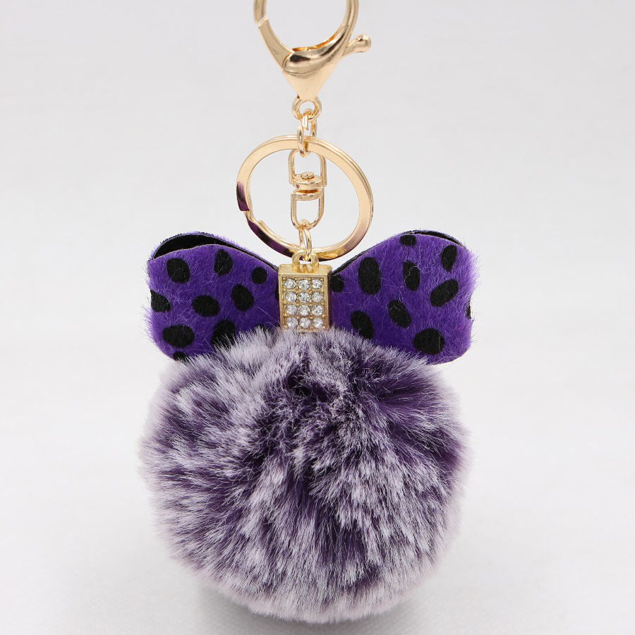 Wholesale Chic Leopard Print Bow Pom Pom Leather Keychain Car Key Accessory Gift