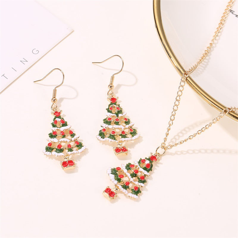 Wholesale Oil Dripping Christmas Tree Alloy Necklace and Earrings Set