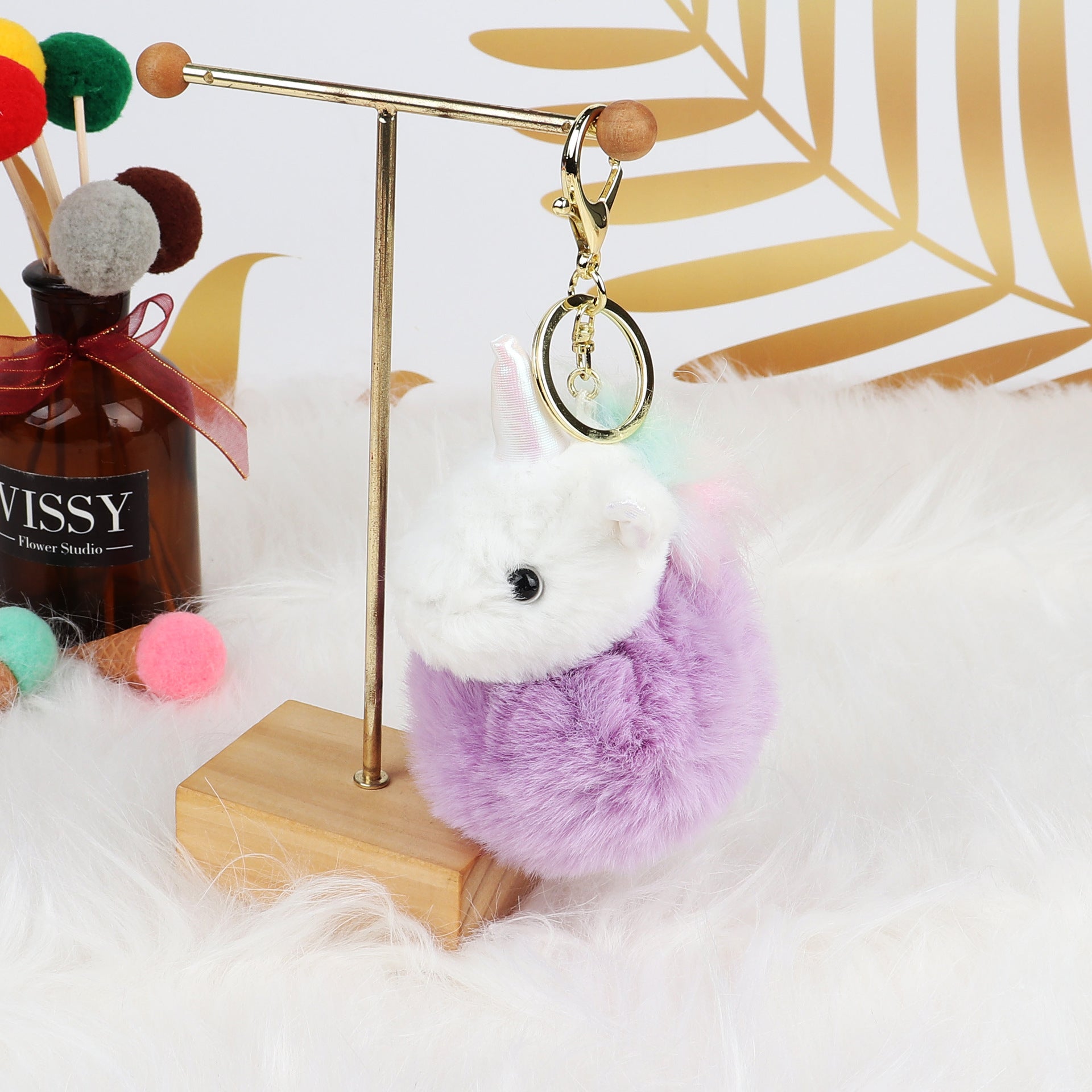 Wholesale 4pcs/pack Aromatherapy Fur Ball Unicorn Keychain