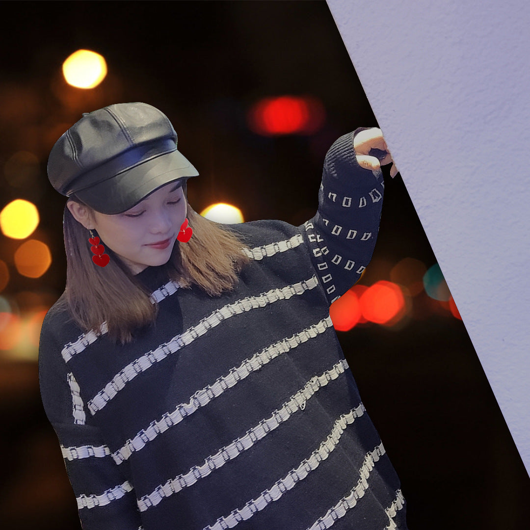 Wholesale Valentine' s Day Love 3 Layer Peach Heart Leather PU Earrings