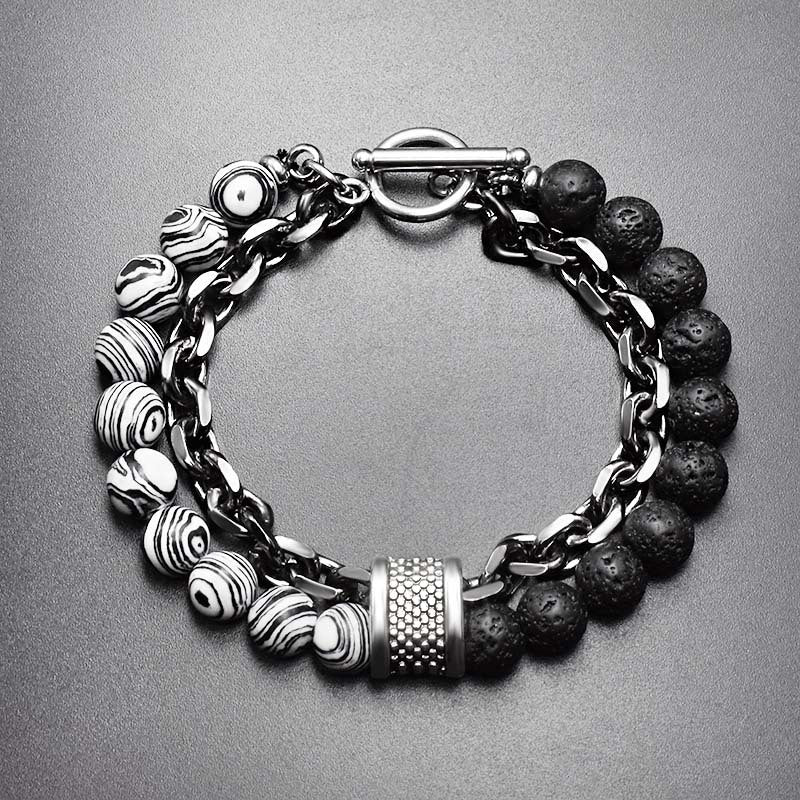 Wholesale Frosted Map Stone Men's Beaded Metal Bracelet