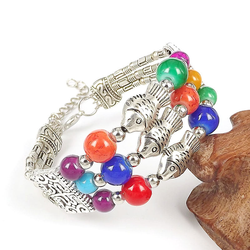 Wholesale Ethnic Retro Fish Silver Beads Bracelet