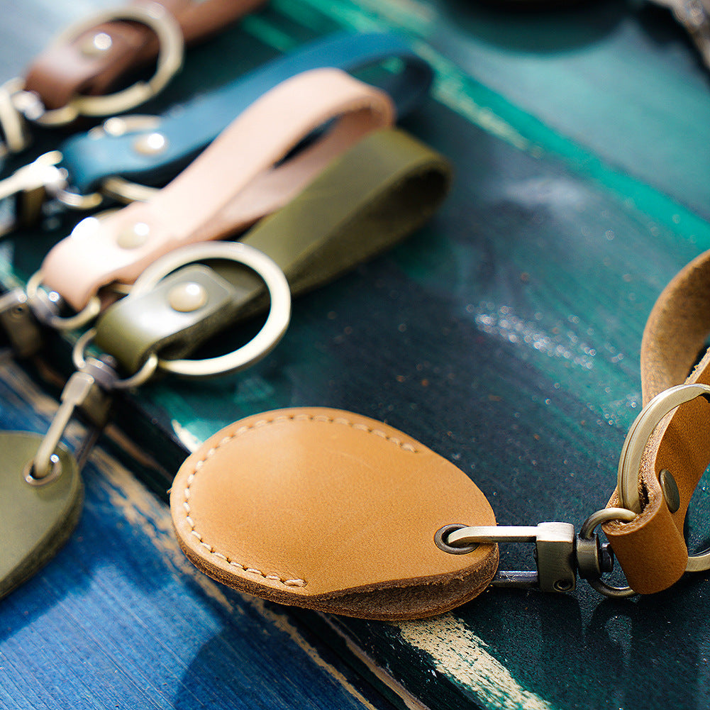 Wholesale Top Layer Cowhide Mini Round Water Drop Protective Case Leather Keychain