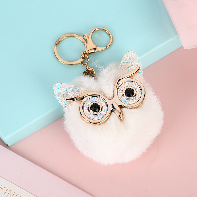 Wholesale Gold Powder Sequin Owl Imitation Otter Rabbit Fur Ball Keychain