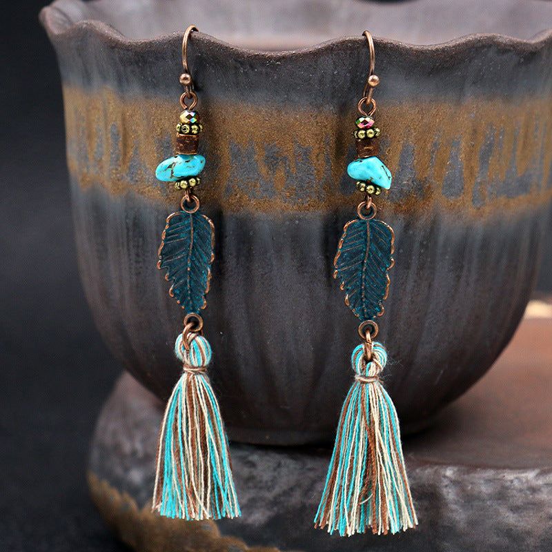 Wholesale Leaf Pendant Hollow Carved Alloy Tassel Earrings