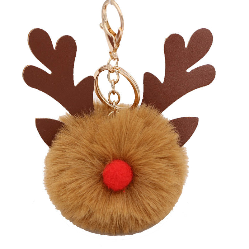Wholesale Light Blue Plush Elk Antler Keychain With Pom Pom Gold Finished Leather Pendant Christmas Purse Charm Gift For Women Boutique Resale